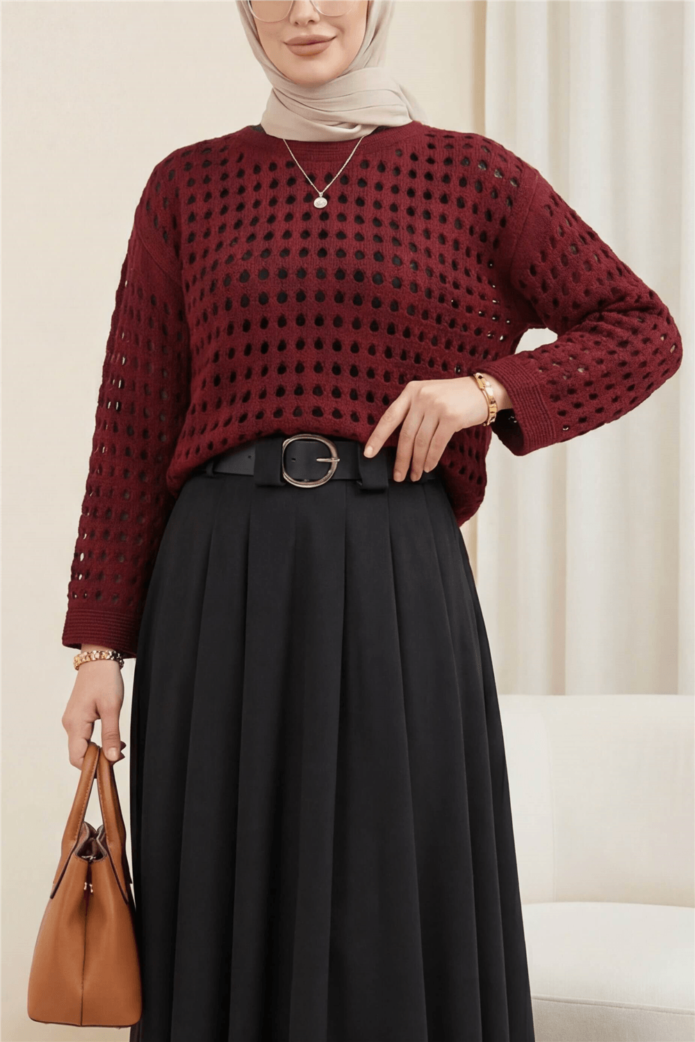 Kayık Yaka Ajurlu Triko Kazak -Bordo-Kazak-109-0987-R04