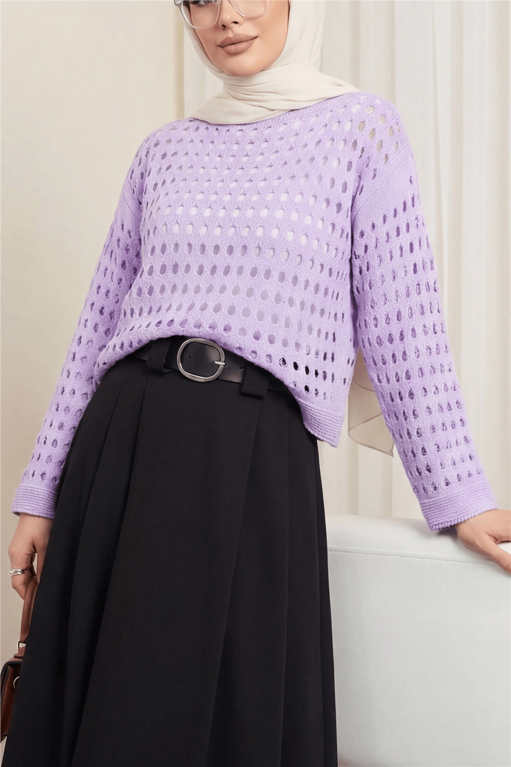 Kayık Yaka Ajurlu Triko Kazak  -Lila-Kazak-109-0987-R42