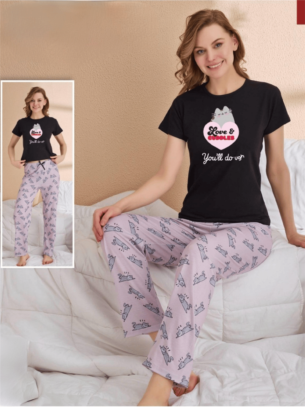 Kedi Desenli Kısa Kollu Pijama Takımı -Lila-Pijama-416-58312-R42