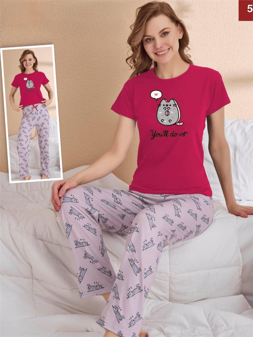 Kedili Kısa Kollu Pijama Takımı -Fuşya-Pijama-416-58311-R14