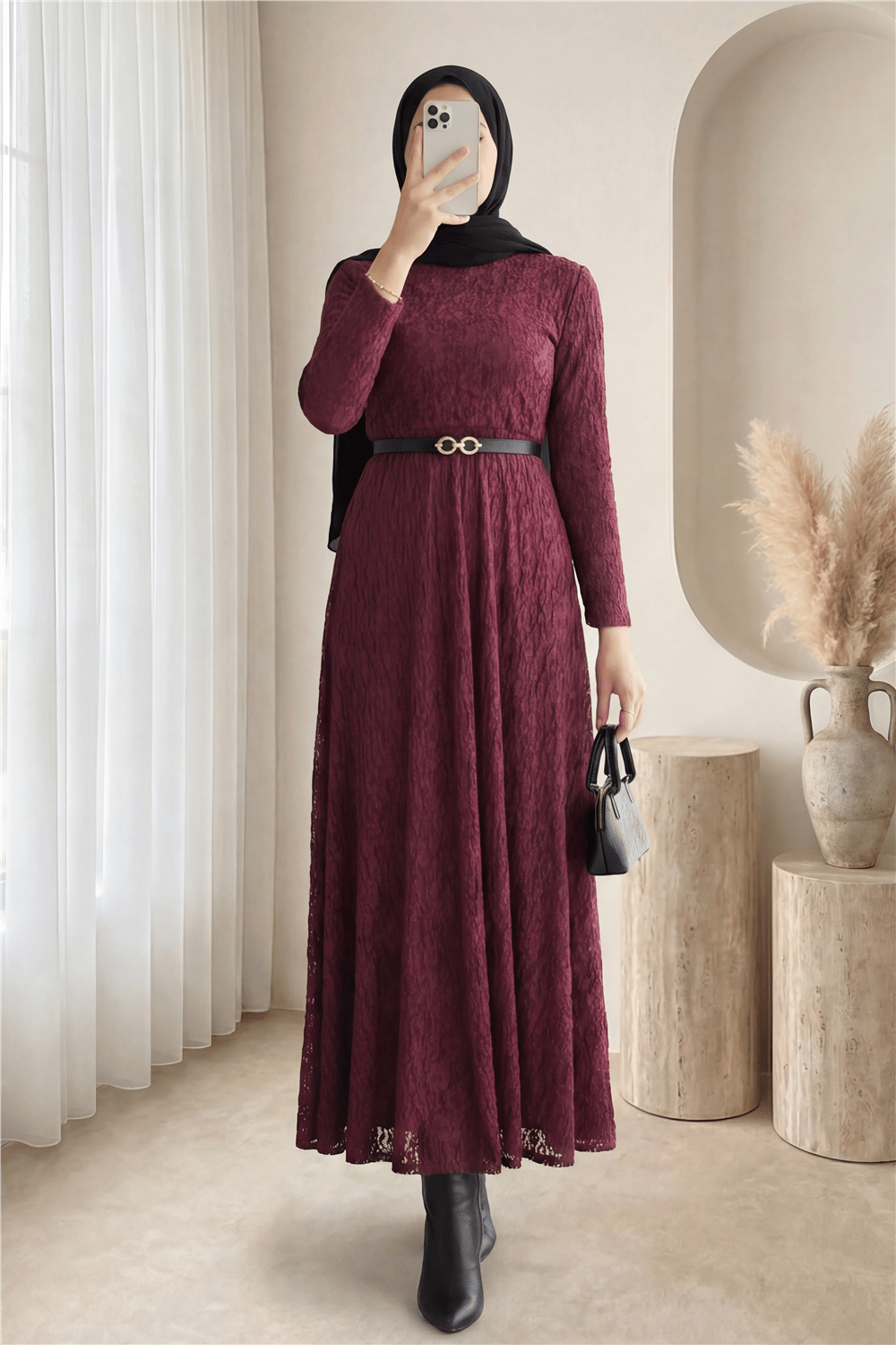Kemerli Astarlı Güpür Dantel Elbise -Bordo-Elbise-426-5280-R04