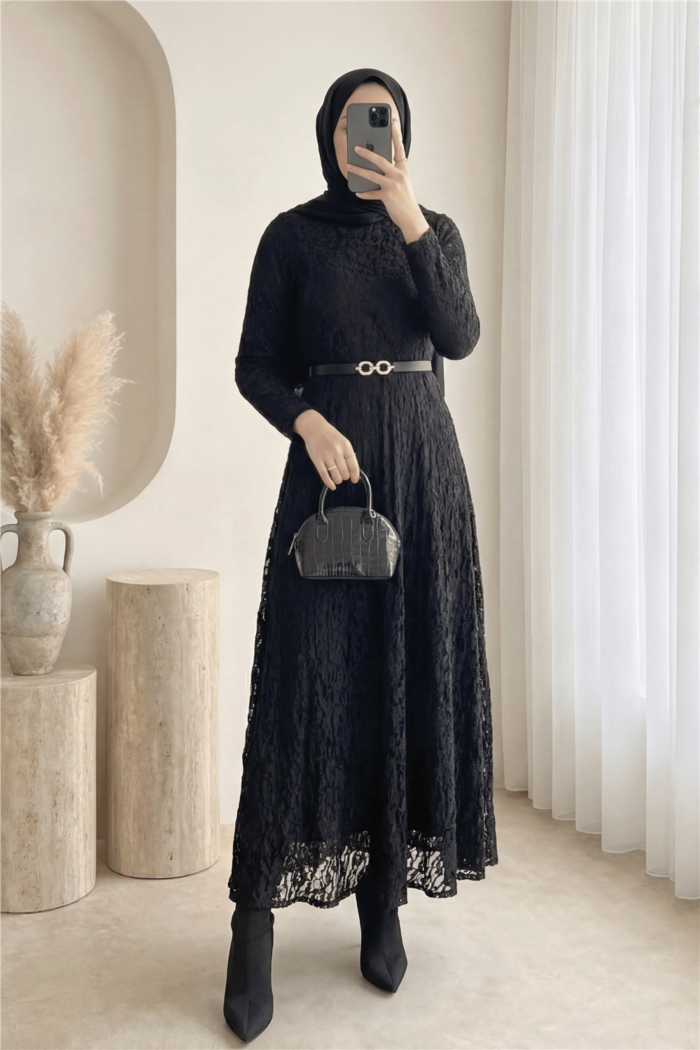 Kemerli Astarlı Güpür Dantel Elbise -Siyah-Elbise-426-5280-R01