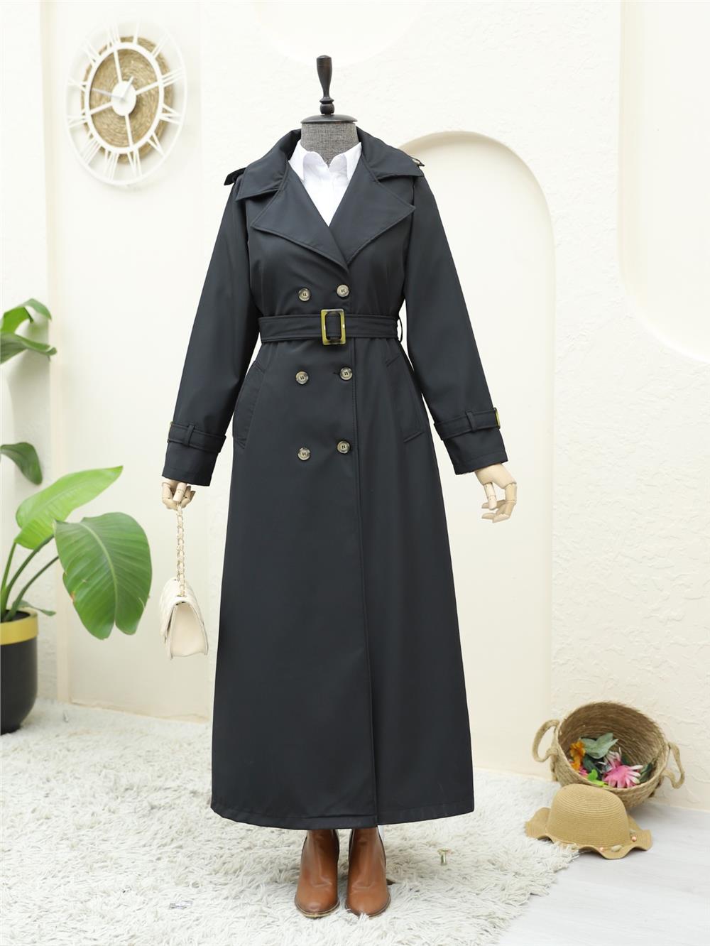 Kemerli Astarlı Uzun Bondit Trençkot -Siyah-197-4951-R01