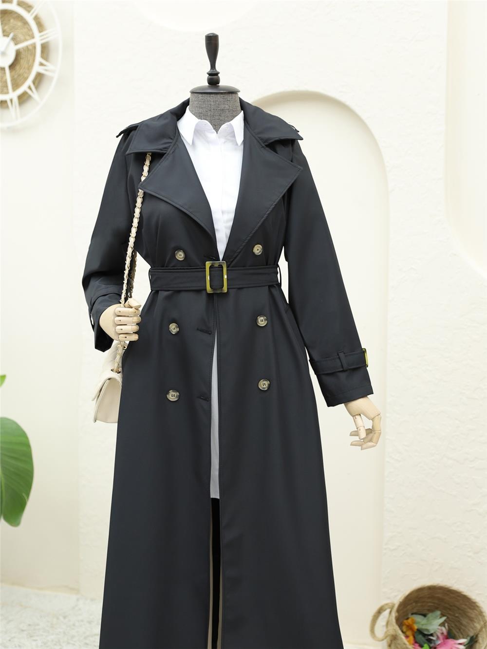 Kemerli Astarlı Uzun Bondit Trençkot -Siyah-197-4951-R01