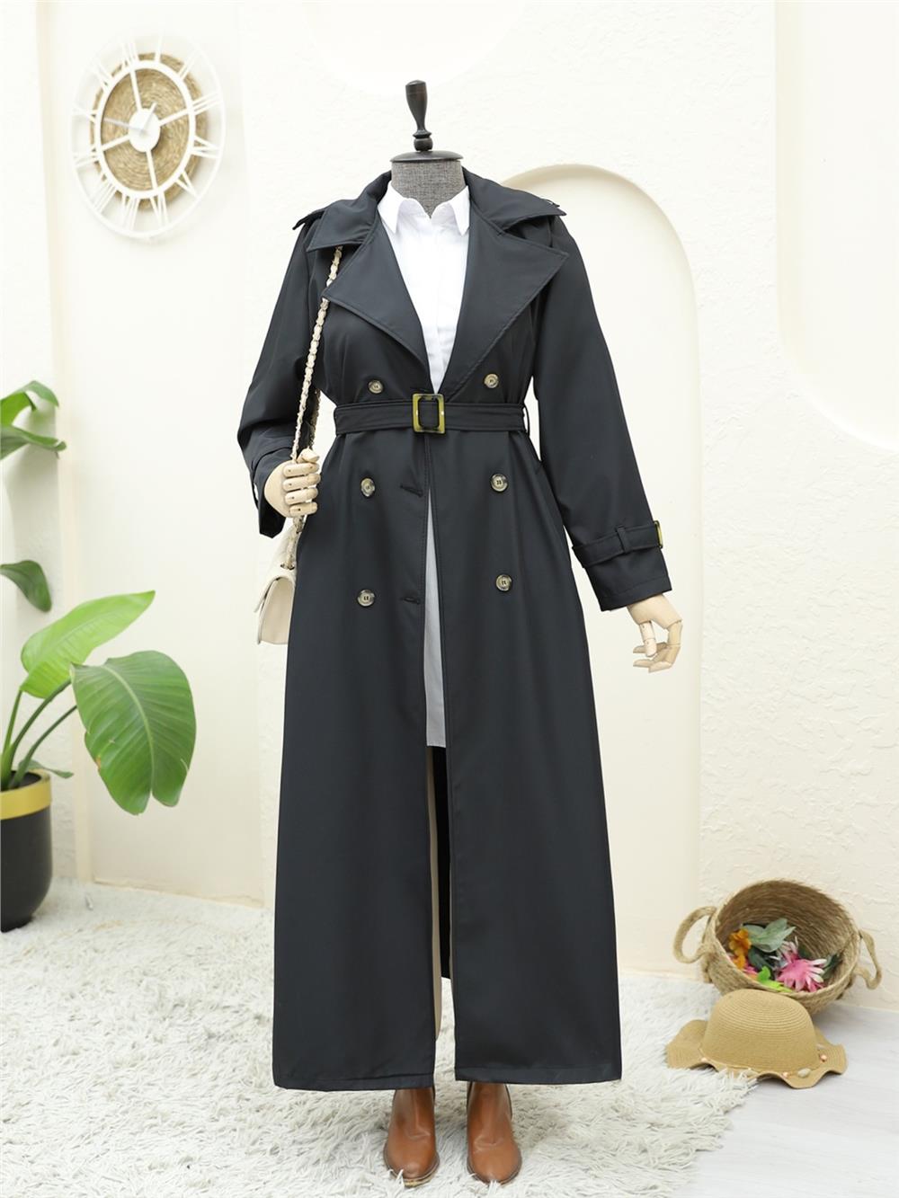 Kemerli Astarlı Uzun Bondit Trençkot -Siyah-197-4951-R01