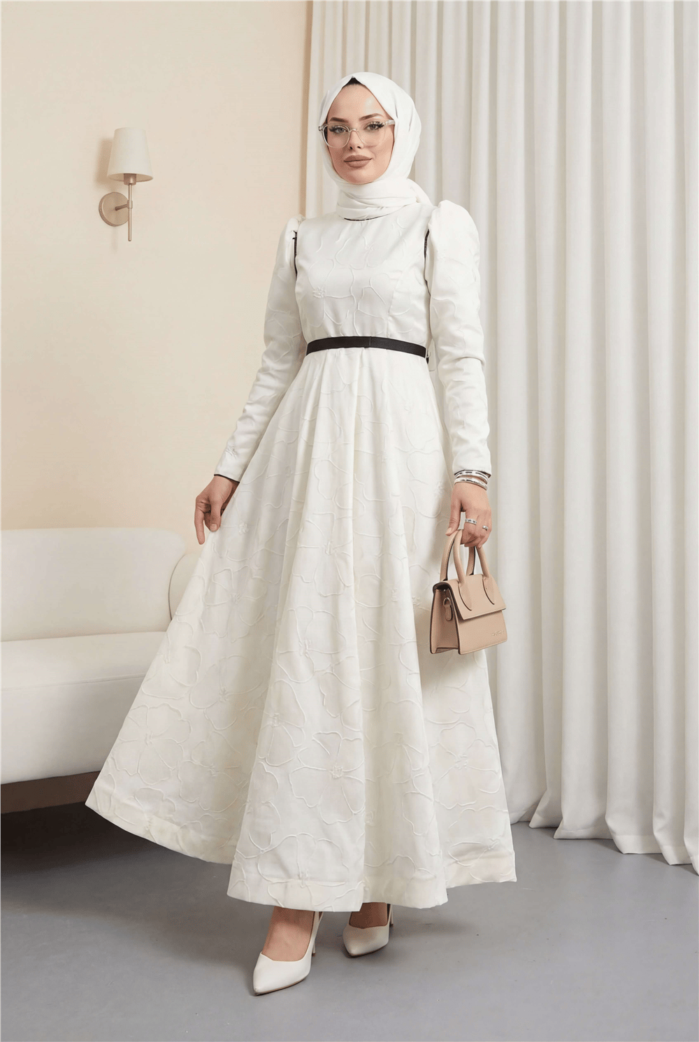 Kemerli Balon Etek Soğuk Baskı Kaftan Abiye Elbise  -Beyaz-Abiye-411-4015-R02