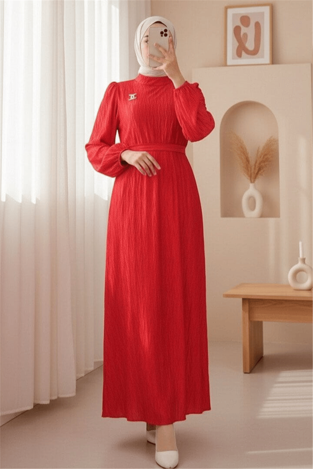 Kemerli Pliseli Saten Elbise   -Kırmızı-Elbise-111-61108-R33