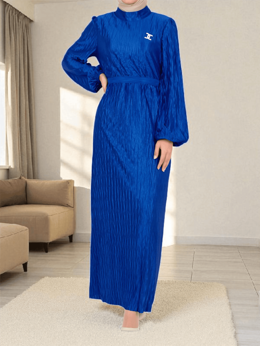 Kemerli Pliseli Saten Elbise  -Saks-Elbise-111-61108-R10