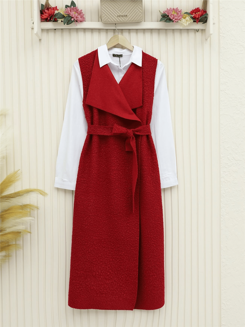 Kemerli Uzun Buklet Yelek -Bordo-Yelek-253-12958-R04