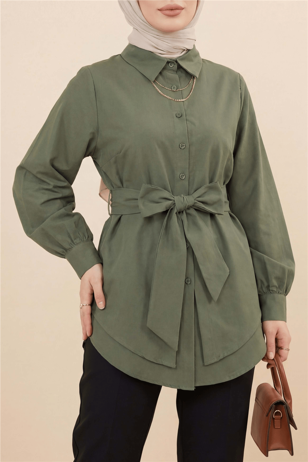 Kendinden Kuşaklı Poplin Tunik -Haki-Tunik-307-0105-R05
