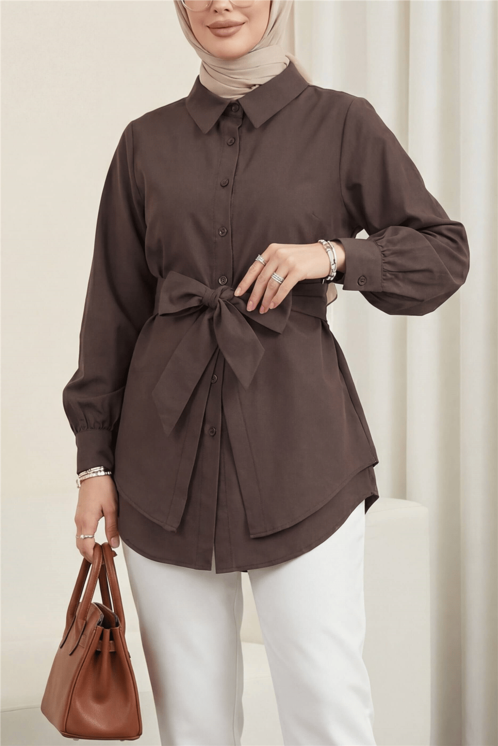 Kendinden Kuşaklı Poplin Tunik -Kahve-Tunik-307-0105-R15