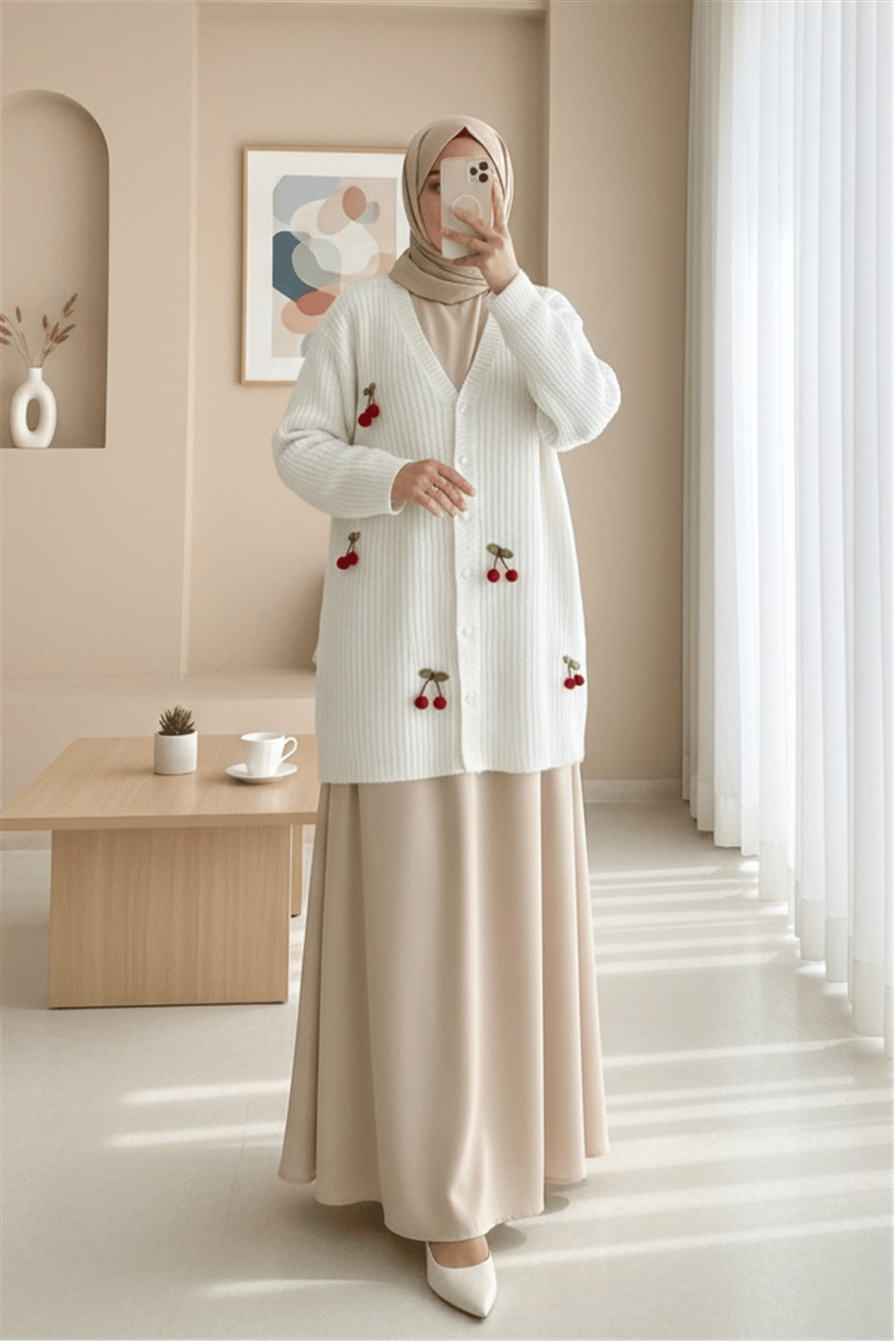 Kirazlı Top Düğmeli Triko Hırka -Beyaz-Hırka-295-1292-R02