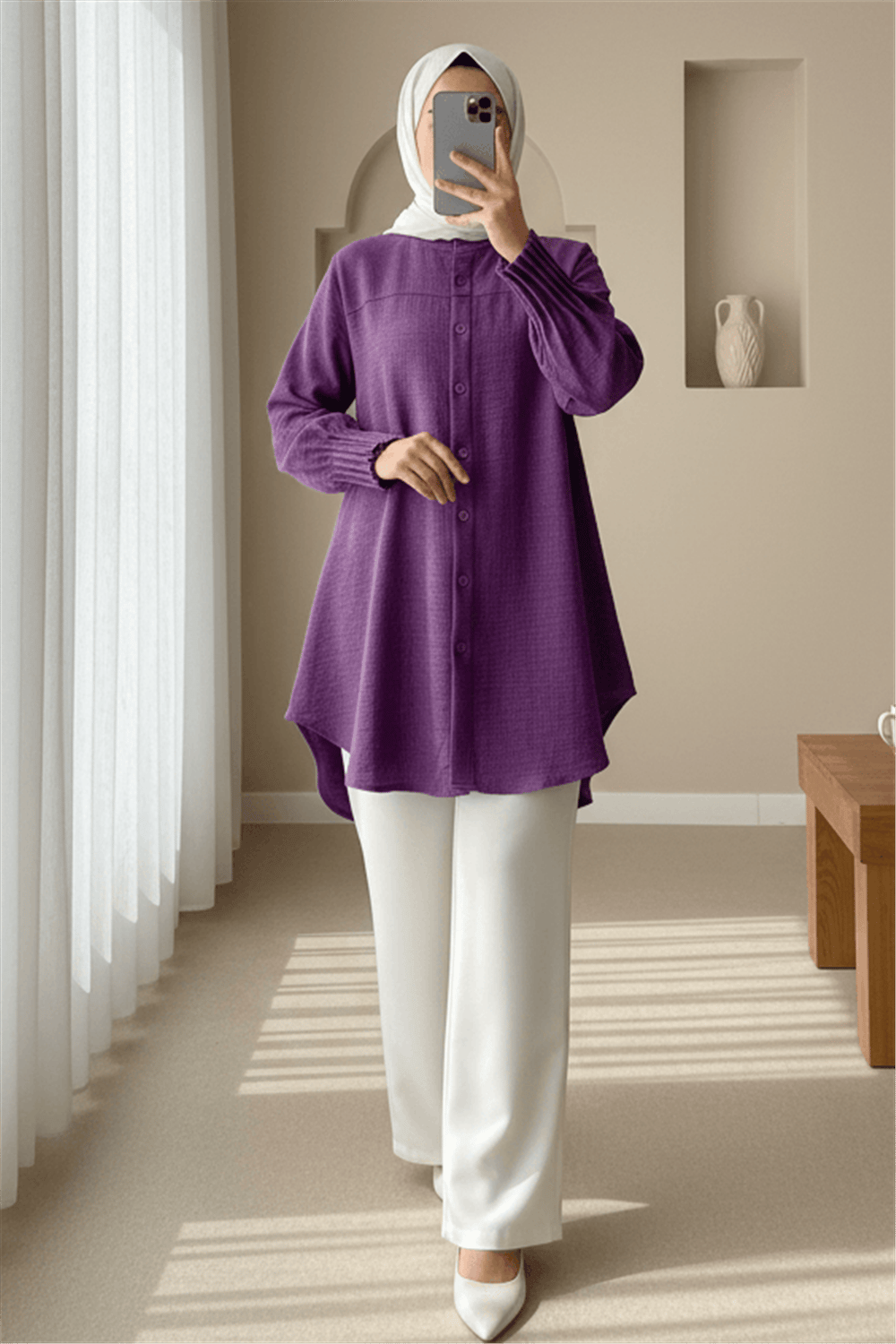 Kol Manşeti Drapeli Oval Kesim Gömlek          -Mor-Tunik-349-4033-R34