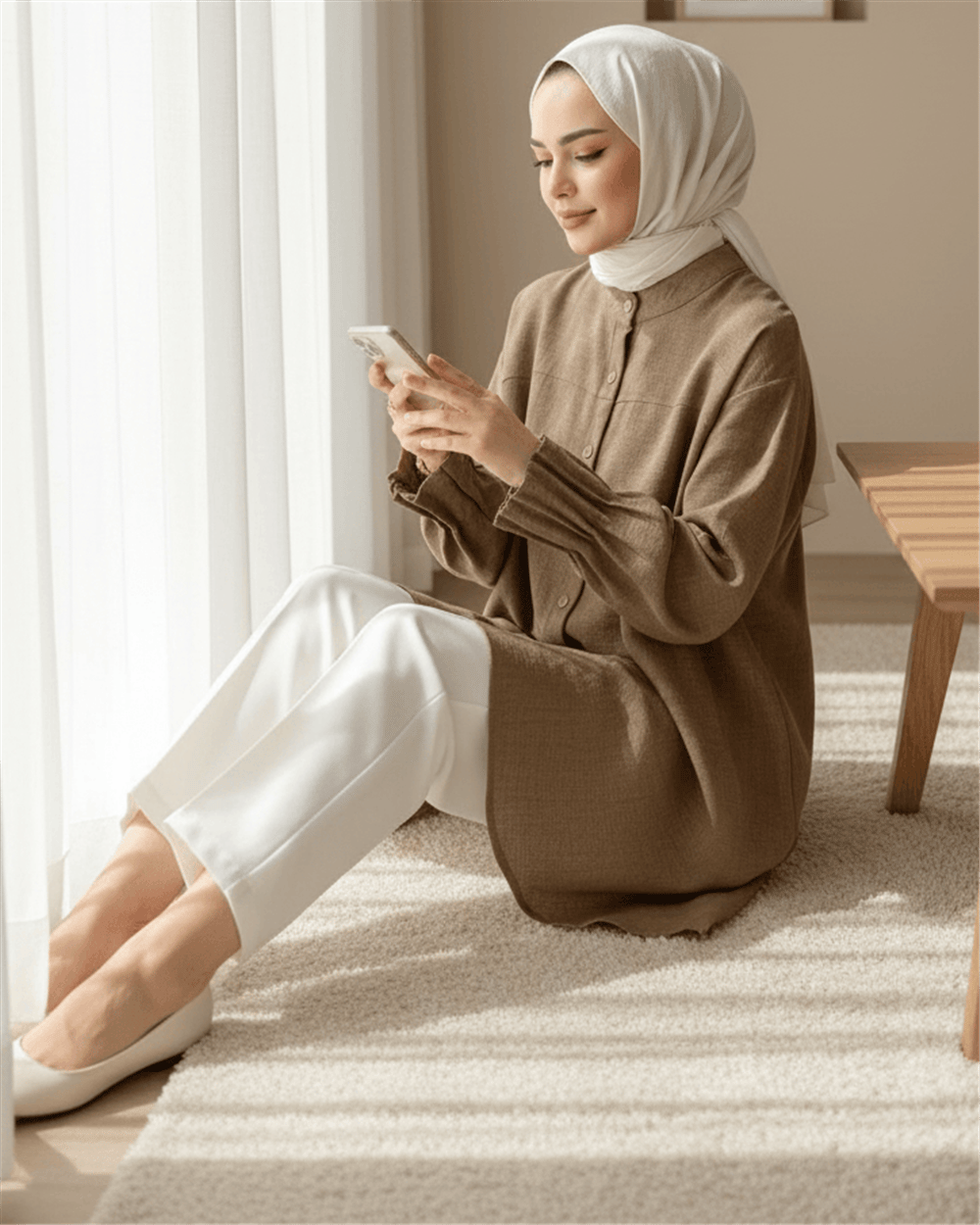 Kol Manşeti Drapeli Oval Kesim Gömlek           -Açık Kahve-Tunik-349-4033-R76