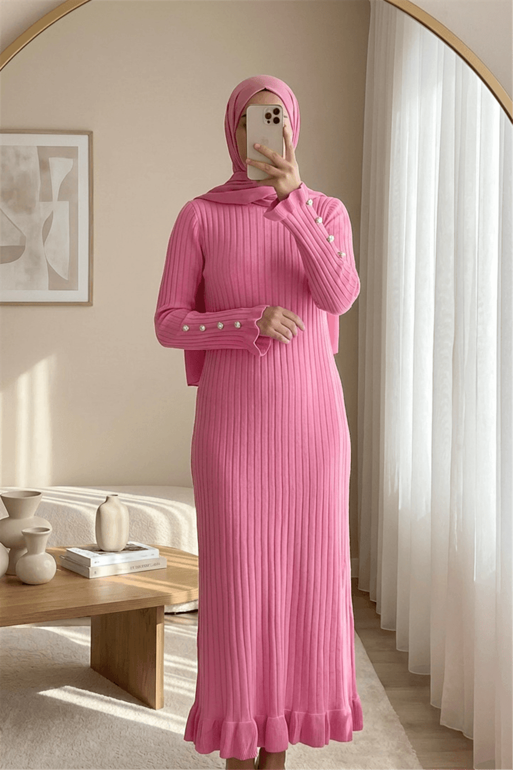 Kolları Düğmeli Eteği Fırfırlı Triko Elbise -Pembe-Elbise-295-016-R20