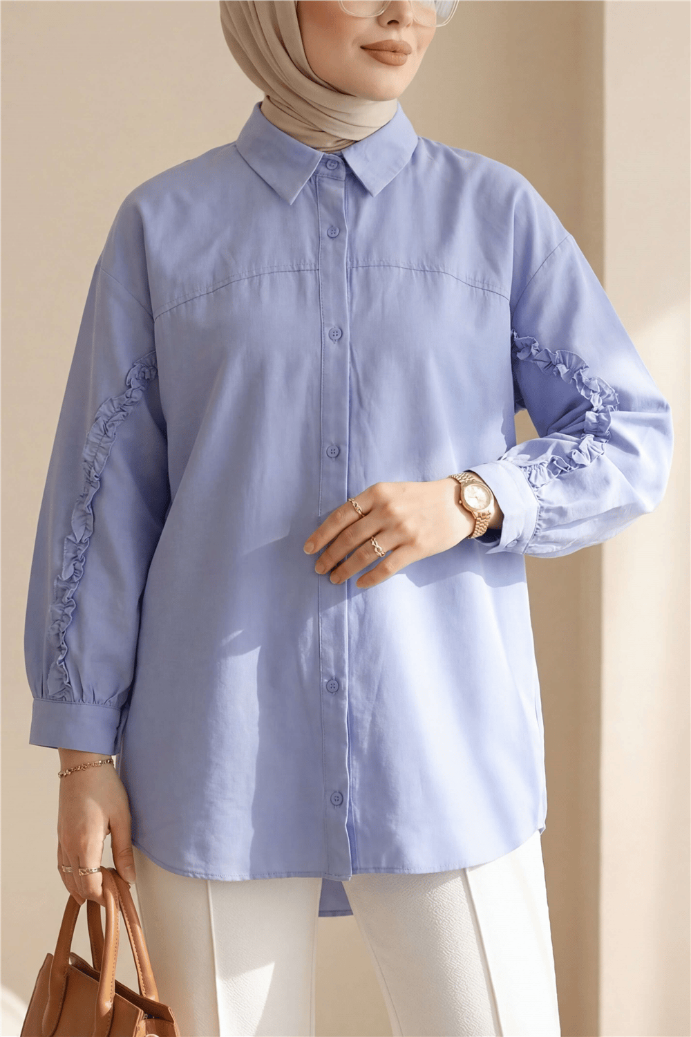 Kolları Fırfırlı Düğmeli Poplin Gömlek -Bebe Mavi-Gömlek-120-1640-R32