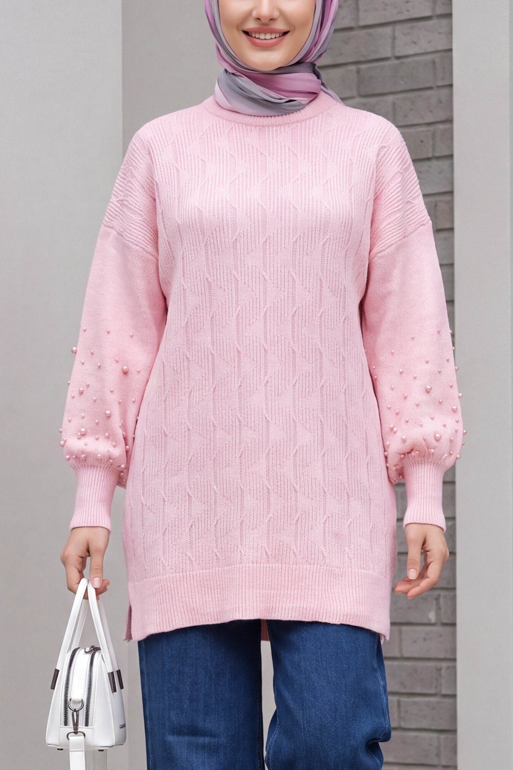 Kolları İnci Detaylı Desenli Salaş Triko Tunik  -Pembe