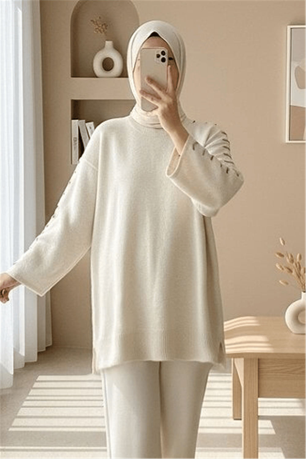 Kolları İpli Çizgili Yumoş Triko Tunik -Krem-Kazak-295-4522-R28