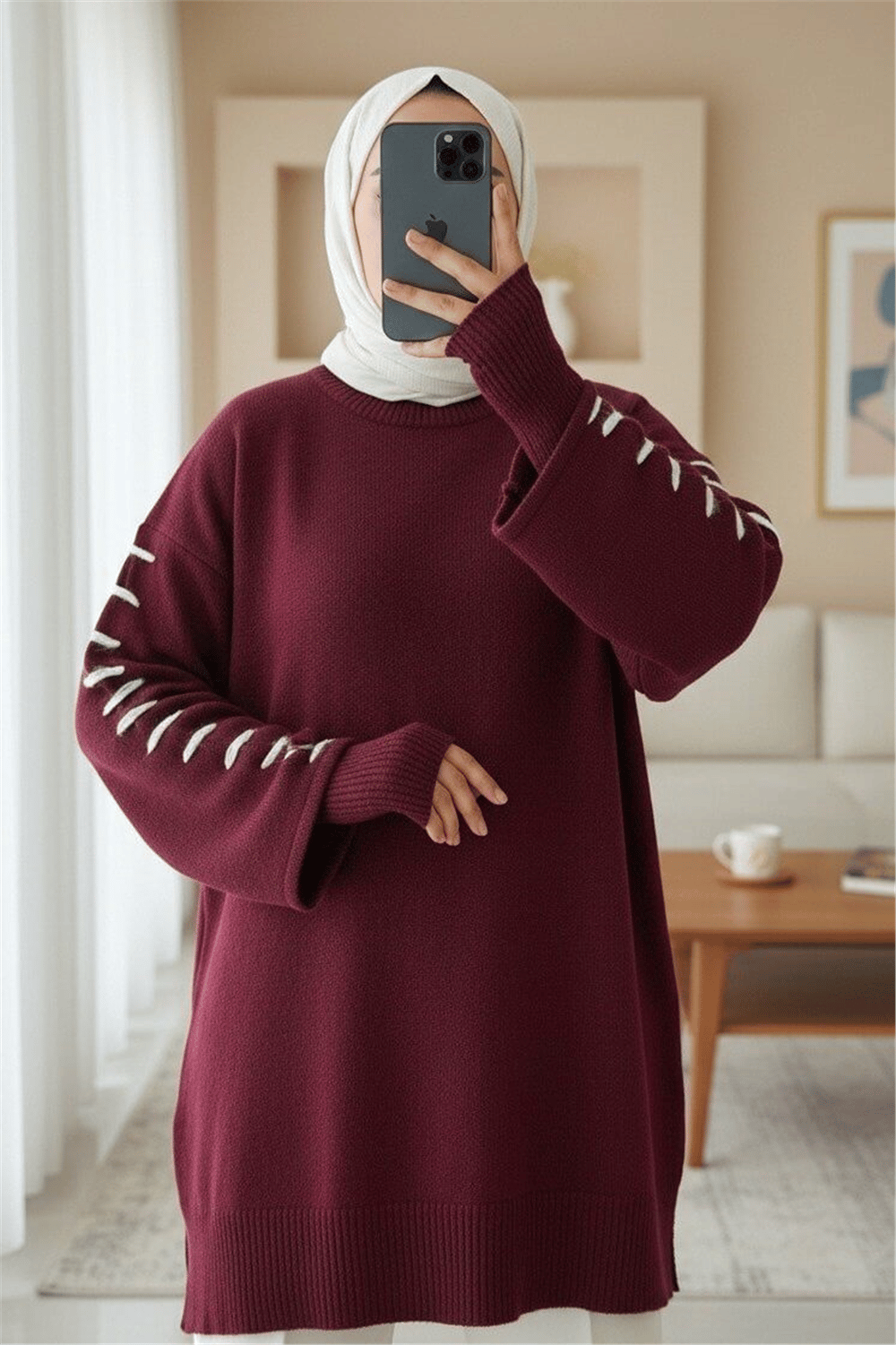 Kolları İpli Çizgili Yumoş Triko Tunik -Bordo-Kazak-295-4522-R04