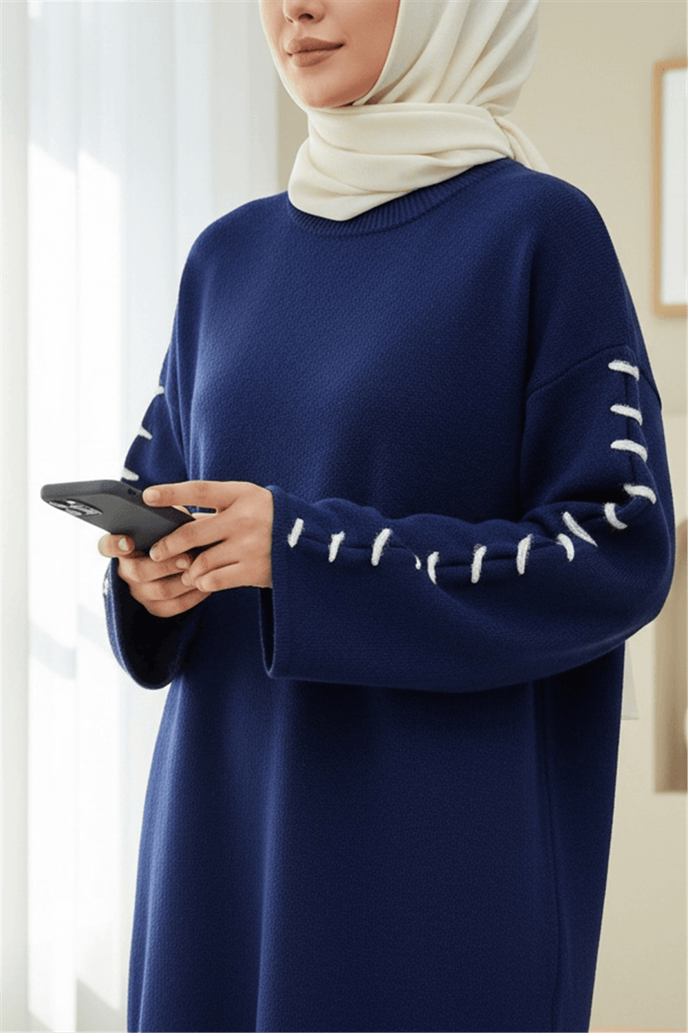 Kolları İpli Çizgili Yumoş Triko Tunik -Laci-Kazak-295-4522-R03