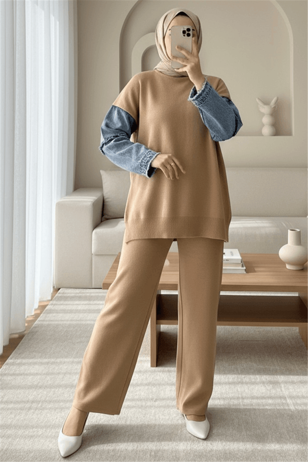 Kolları Kot Püskül Detaylı Triko Takım  -Vizon-Takım-247-7006-R23