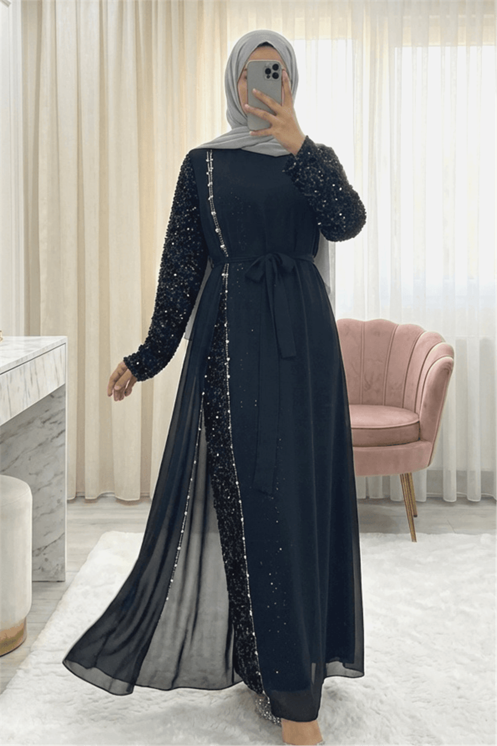 Kolları Pul Payet Kemerli Şifon Abiye  -Siyah-Abiye-316-4708-R01