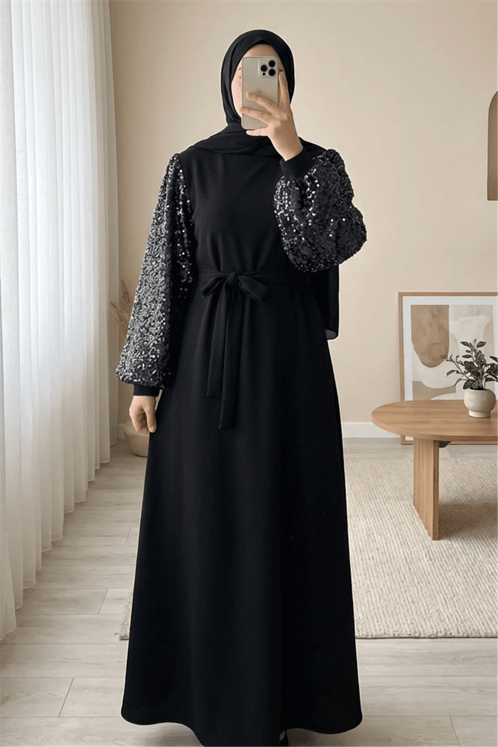 Kolları Pullu Kemerli İthal Likralı Krep Elbise  -Siyah-Elbise-349-8031-R01
