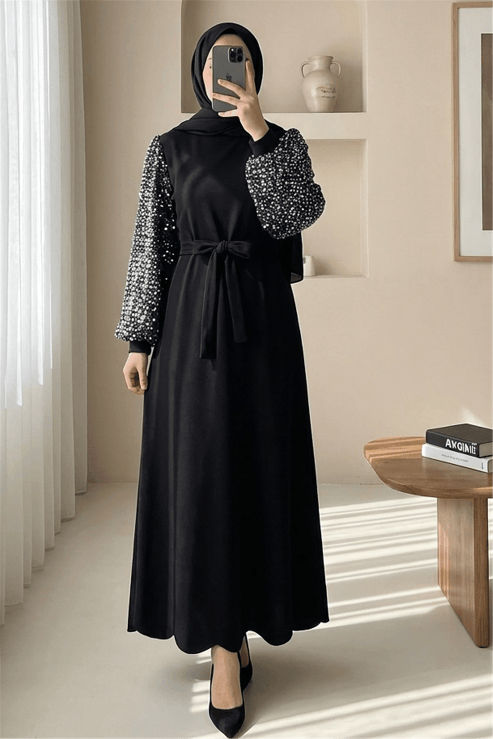 Kolları Pullu Kemerli İthal Likralı Krep Elbise  -Gümüş-Elbise-349-8031-R47