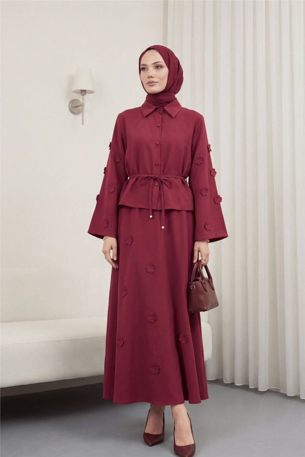 Kolları Ve Eteği Çiçekli Beli Bağcıklı Gömlek Etek İkili Modal Takım   -Mürdüm-Takım-398-22019-R09