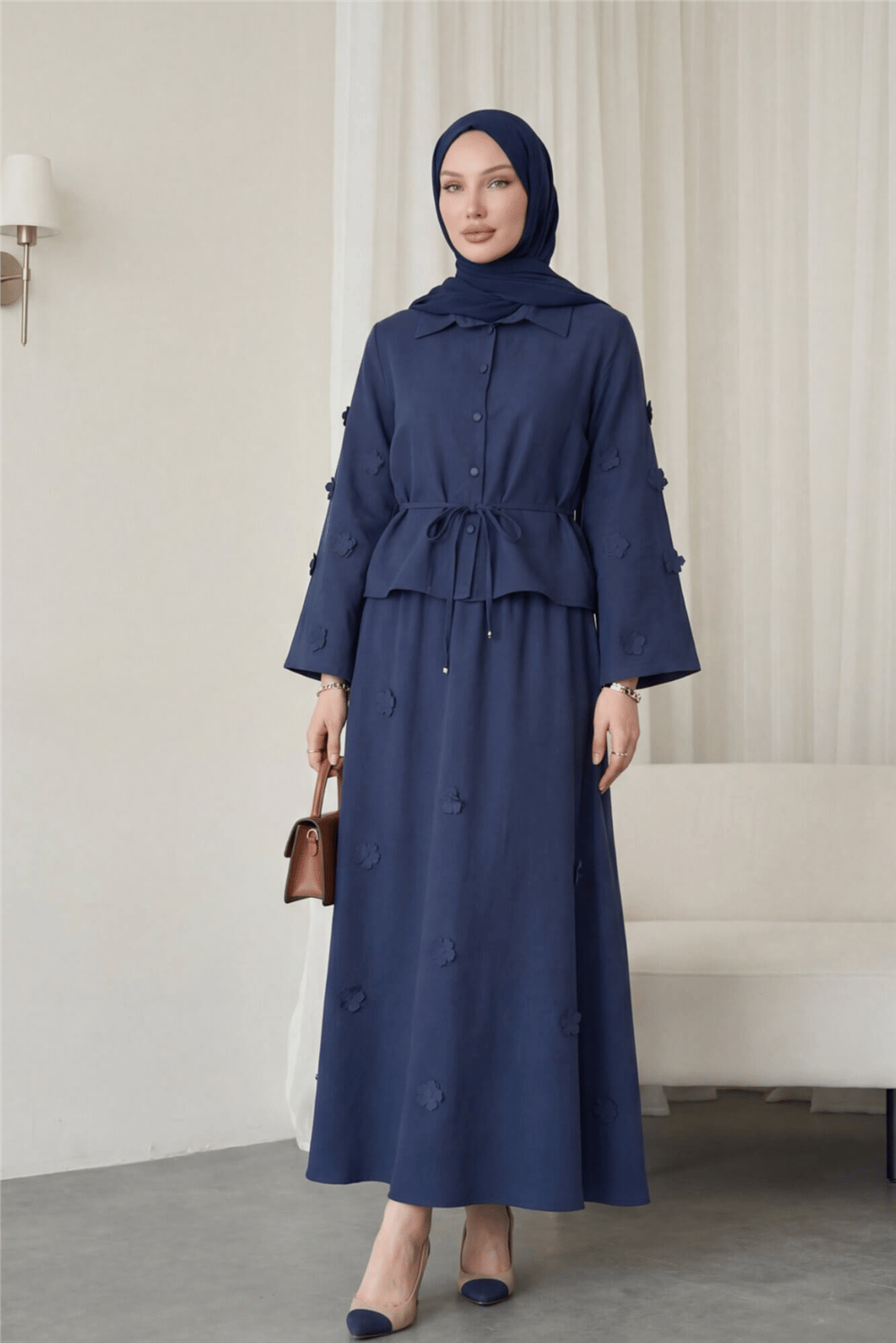 Kolları Ve Eteği Çiçekli Beli Bağcıklı Gömlek Etek İkili Modal Takım  -Laci-Takım-398-22019-R03