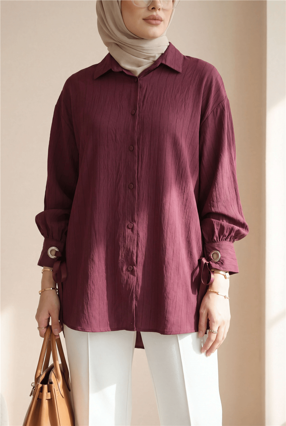 Kolu Bağcıklı Çizgi Desen Çilek Gömlek -Bordo-Tunik-434-5370-R04