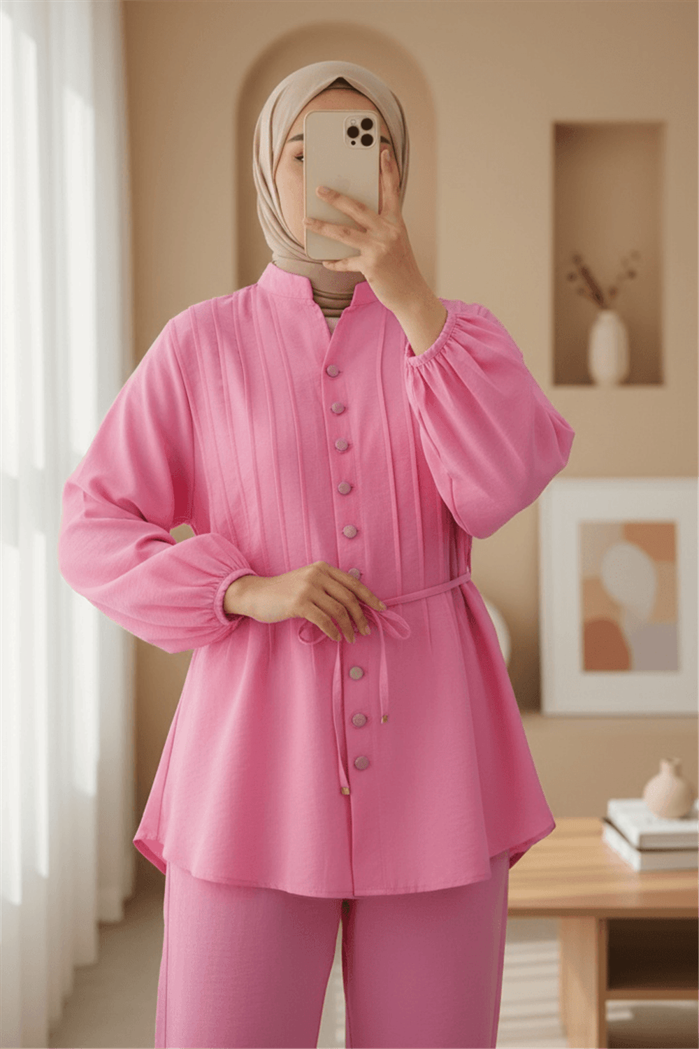 Kolu Bağcıklı Düğmeli V Yaka Tunik Pantolon Takım -Pembe-Takım-398-4018-R20