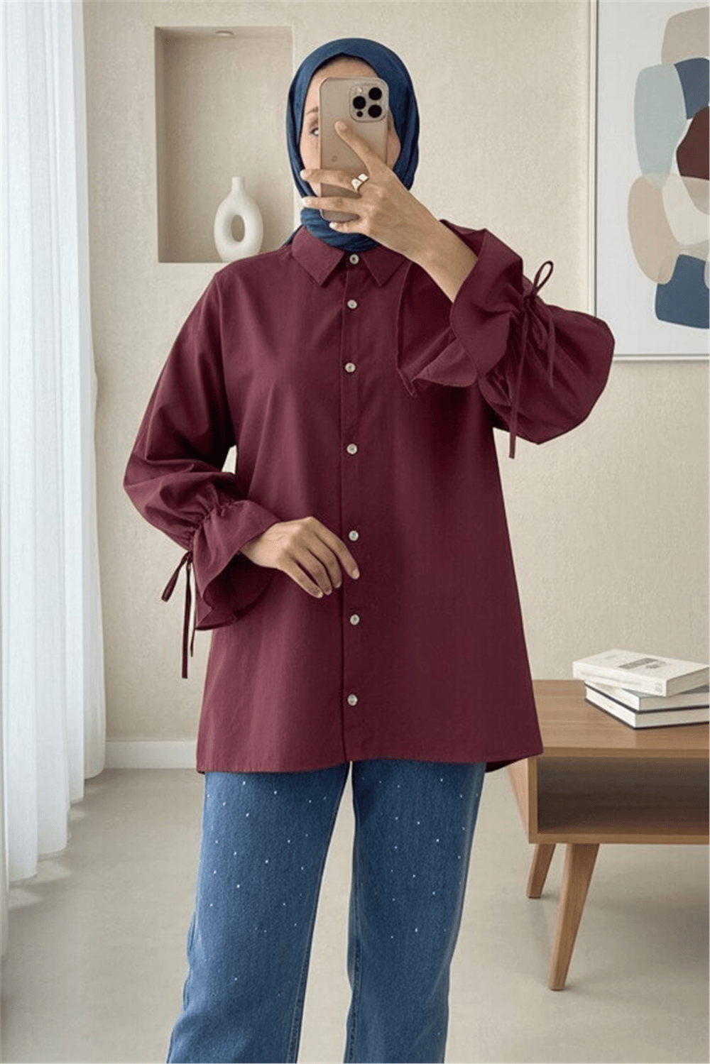 Kolu Büzgülü Arkası Piliseli Gömlek  -Bordo-Gömlek-223-6252-R04