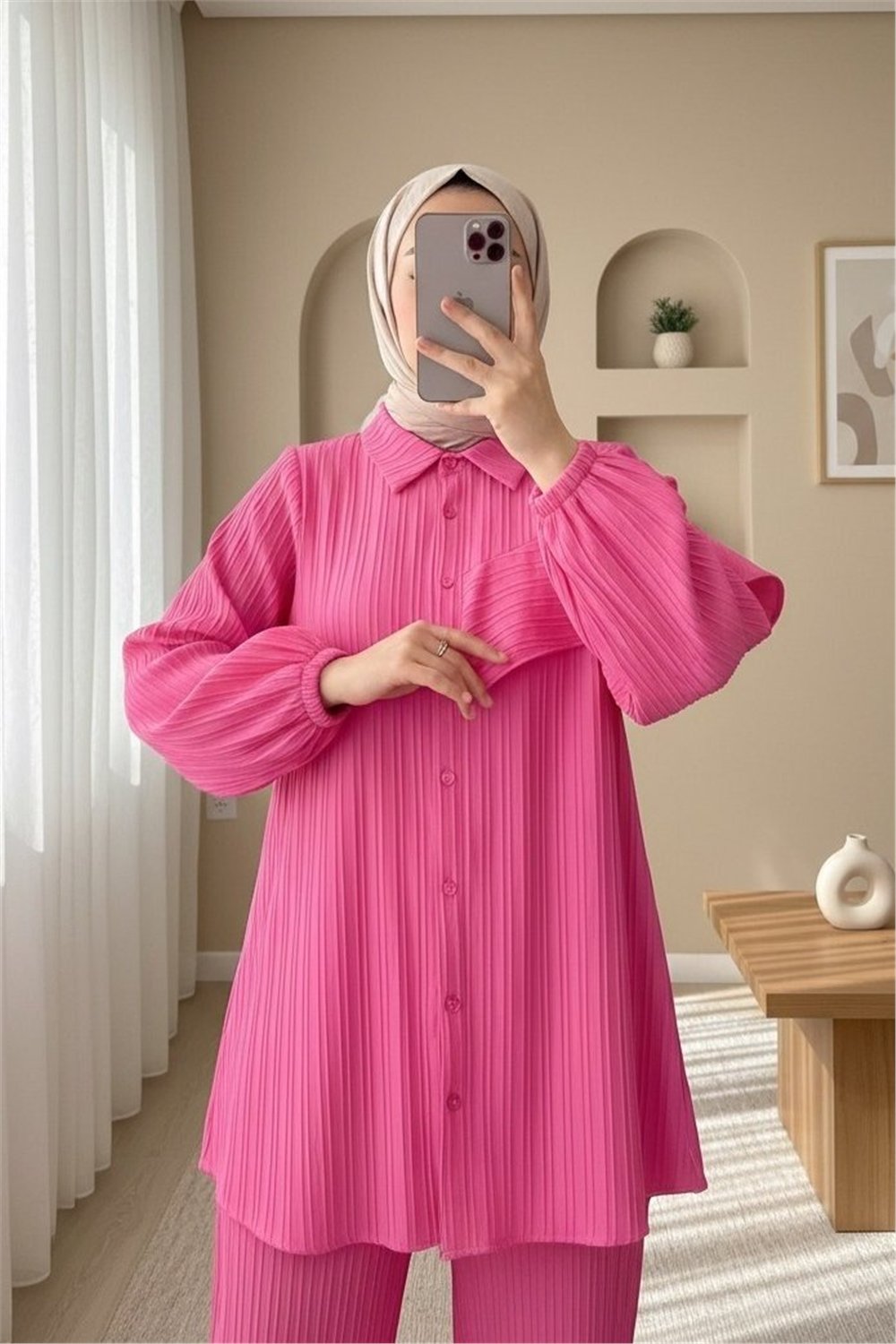 Kolu Fırfır Detaylı  Lastikli Tunik -Pembe-Tunik-346-3072-R20