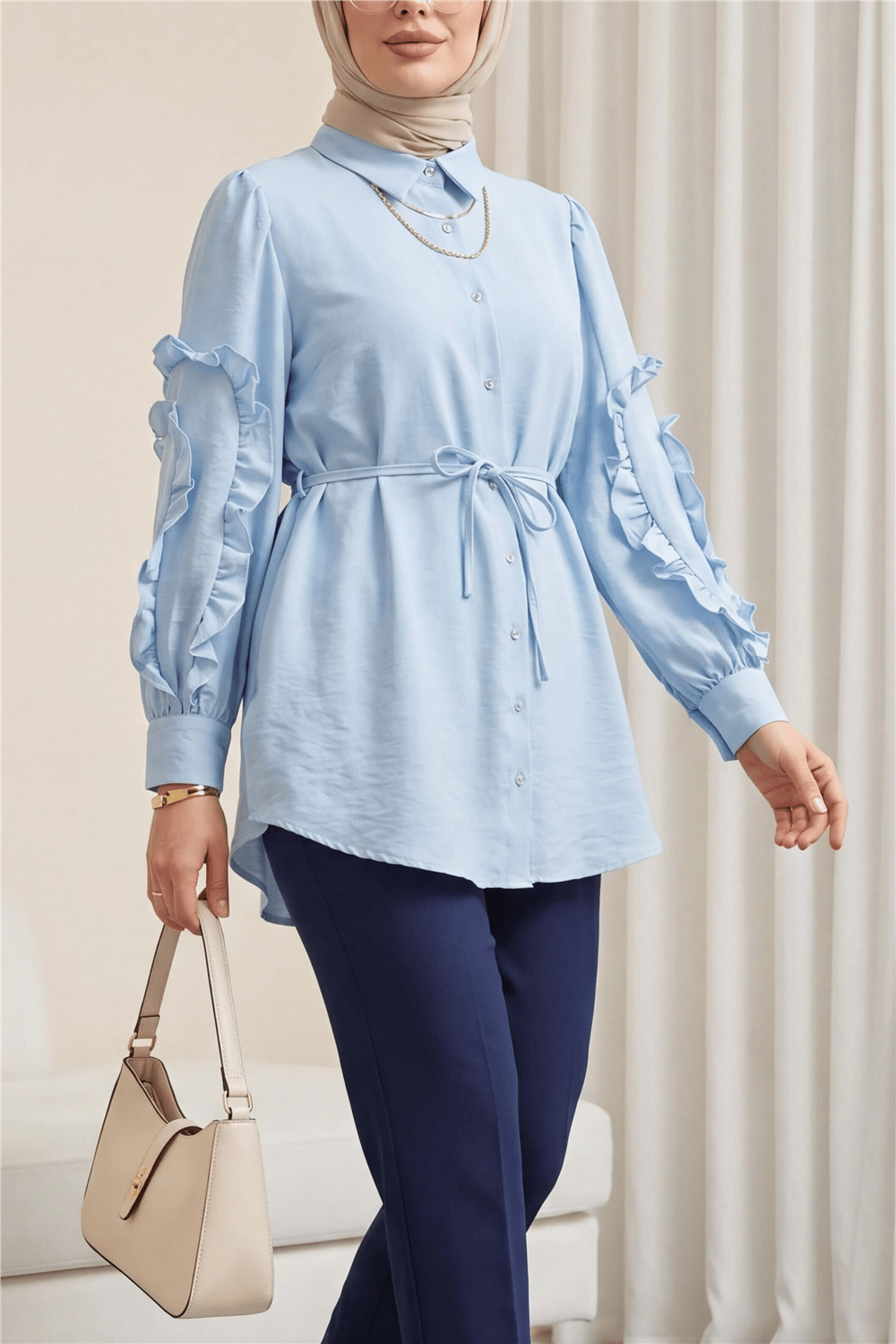 Kolu Fırfırlı Taşlı Düğmeli Bağlamalı Gömlek  -Buz Mavi-Tunik-307-0061-R37