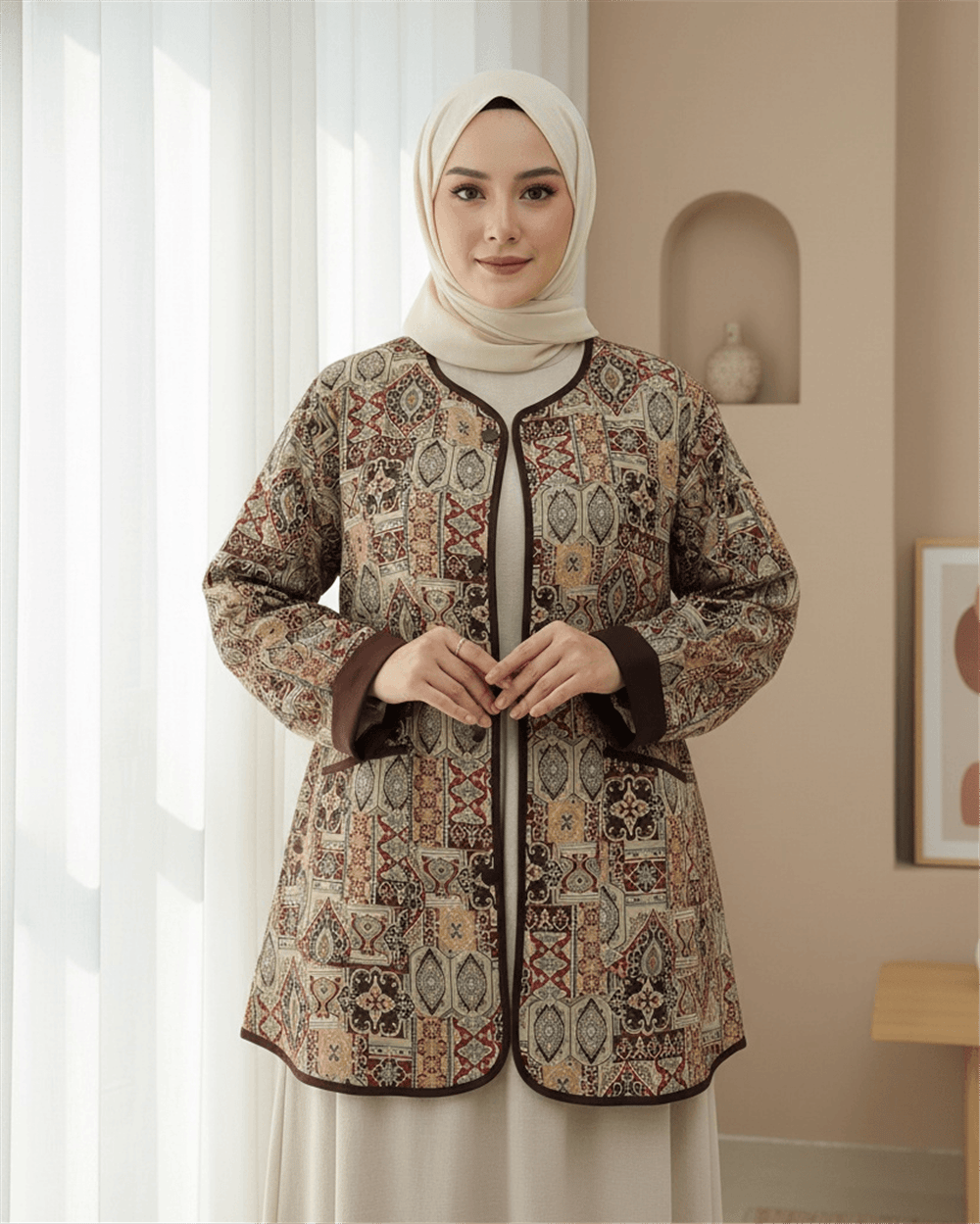 Kolu Katlamalı Beli Bağcıklı Etnik Desen Ceket -Mürdüm-Ceket-238-3152-R09