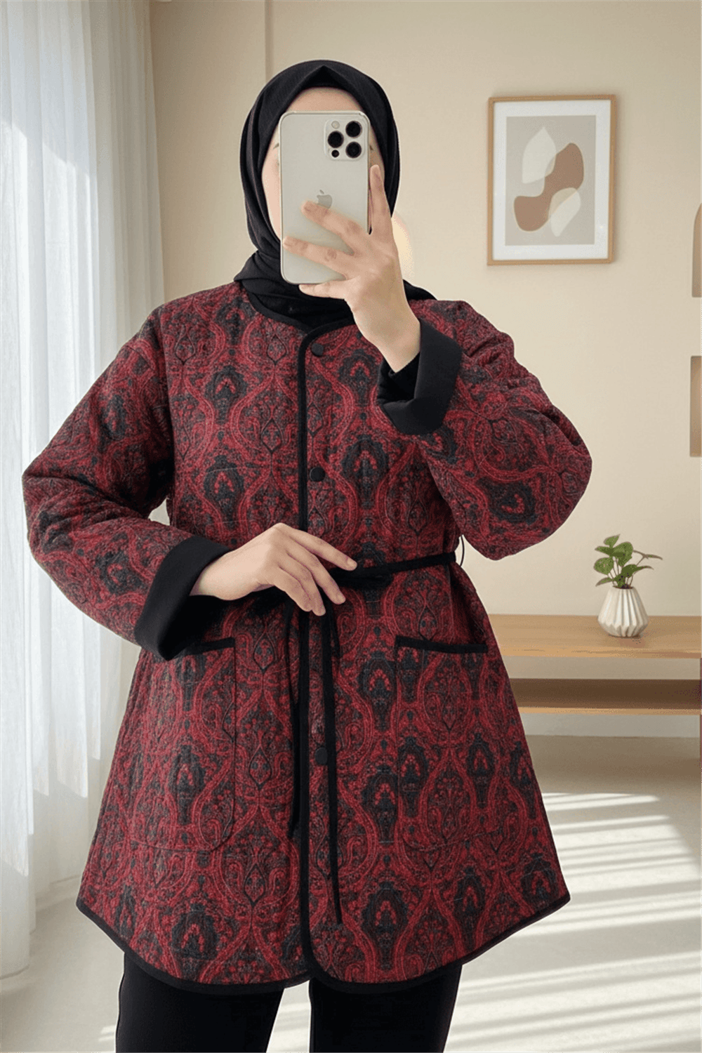 Kolu Katlamalı Beli Bağcıklı Etnik Desen Ceket -Bordo-Ceket-238-3152-R04
