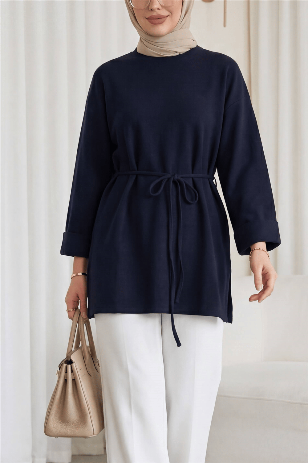 Kolu Katlı Beli Bağlamalı Yırtmaçlı Kaşkorse Tunik -Laci-Tunik-253-13113-R03