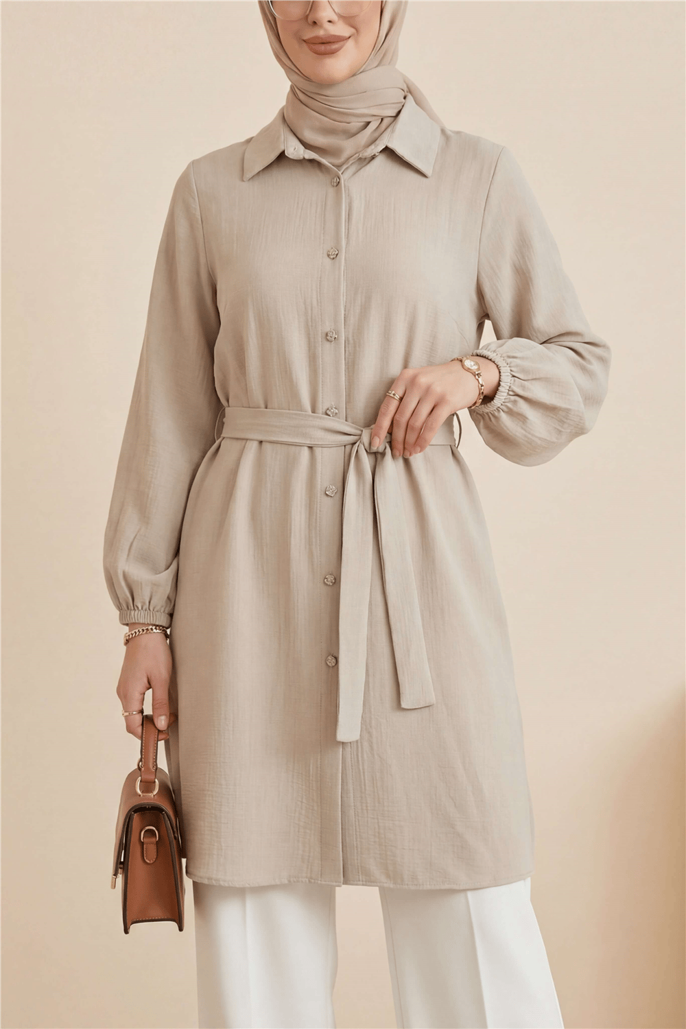Kolu Lastikli Beli Bağcıklı Uzun Müslin Tunik -Bej-Tunik-346-12602-R56