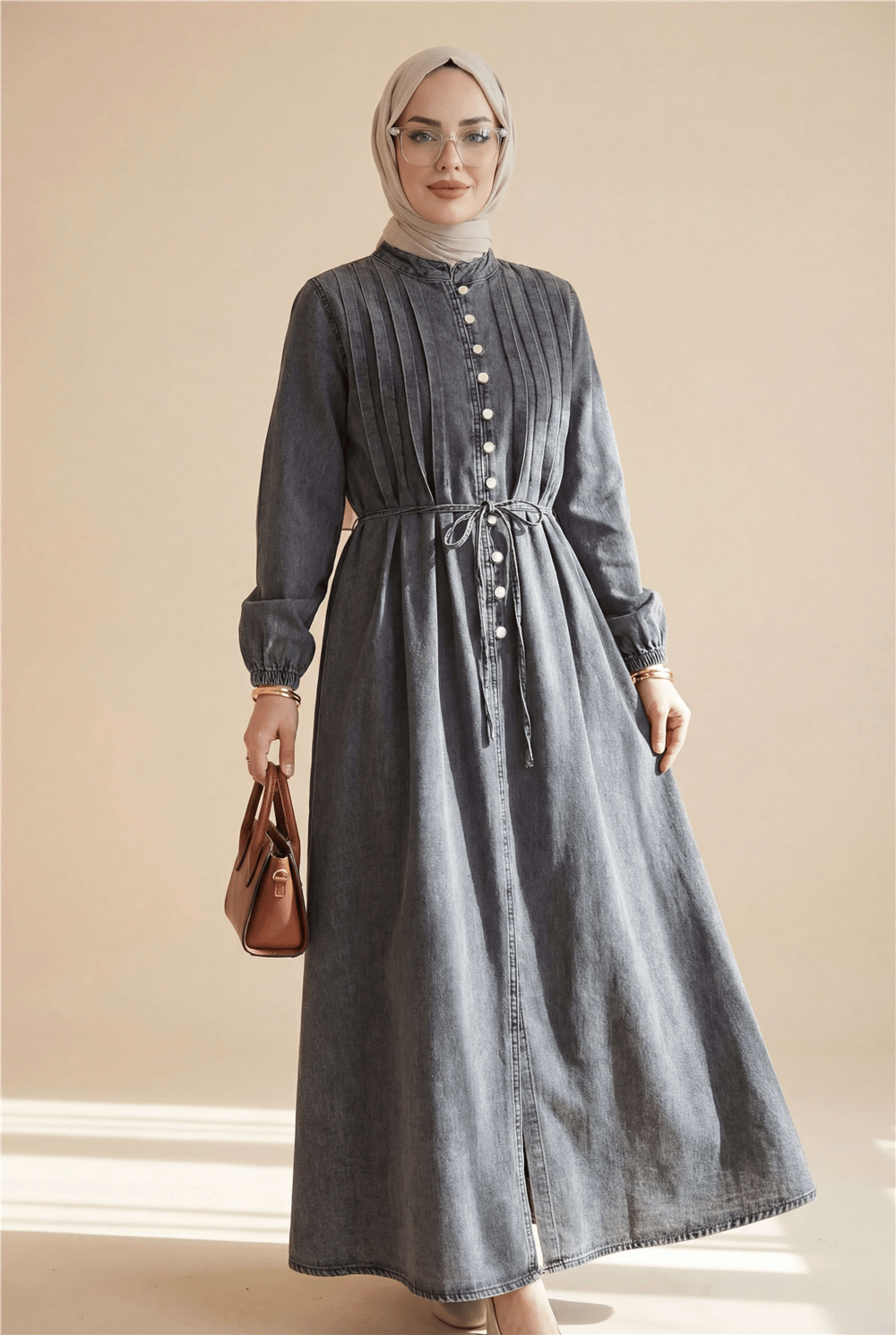 Kolu Lastikli Beli Bağcıklı Yarım Düğmeli Kot Elbise -Füme-Elbise-197-6144-R18