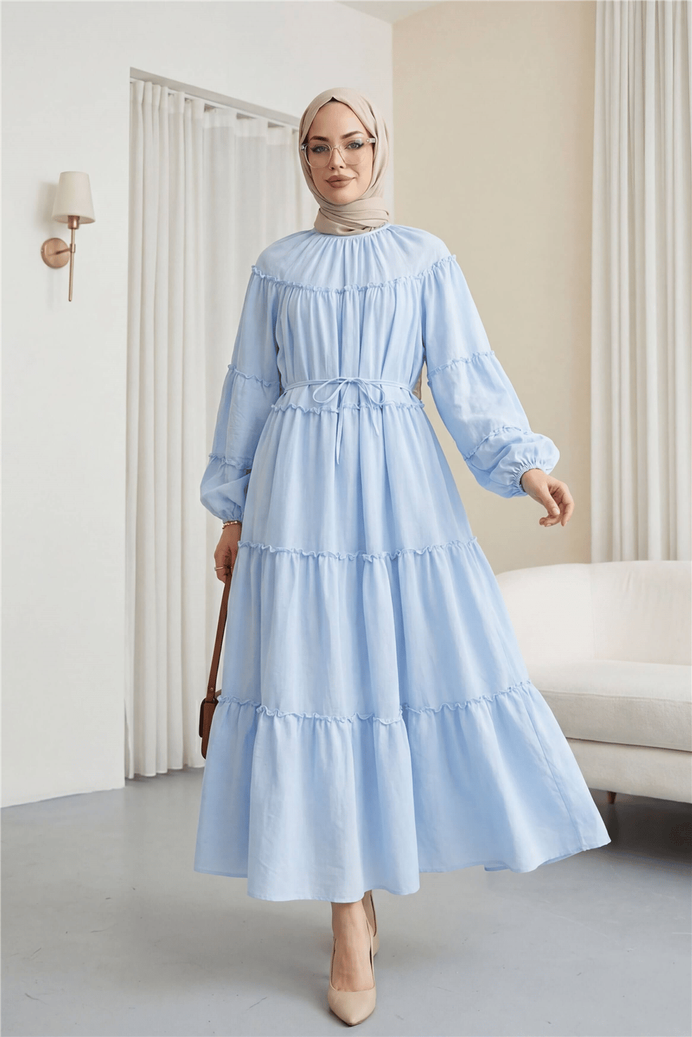 Kolu Lastikli Beli Bağlamalı Katlı Fırfır Detaylı Elbise  -Bebe Mavi-Elbise-307-0063-R32