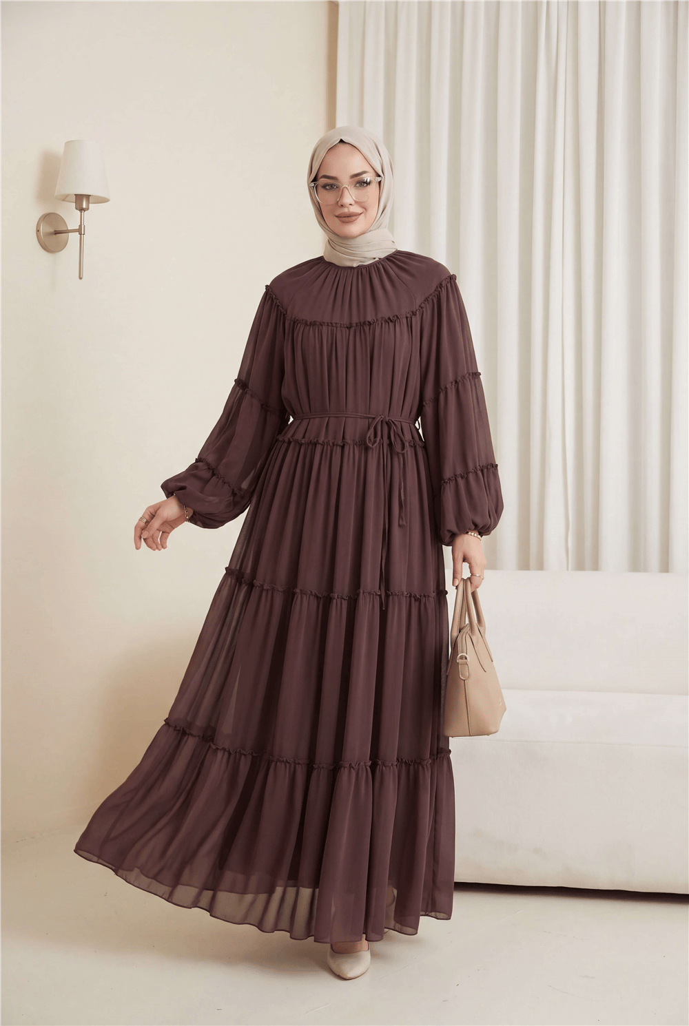 Kolu Lastikli Beli Bağlamalı Katlı Fırfır Detaylı Elbise   -Gül Kurusu-Elbise-307-0063-R27