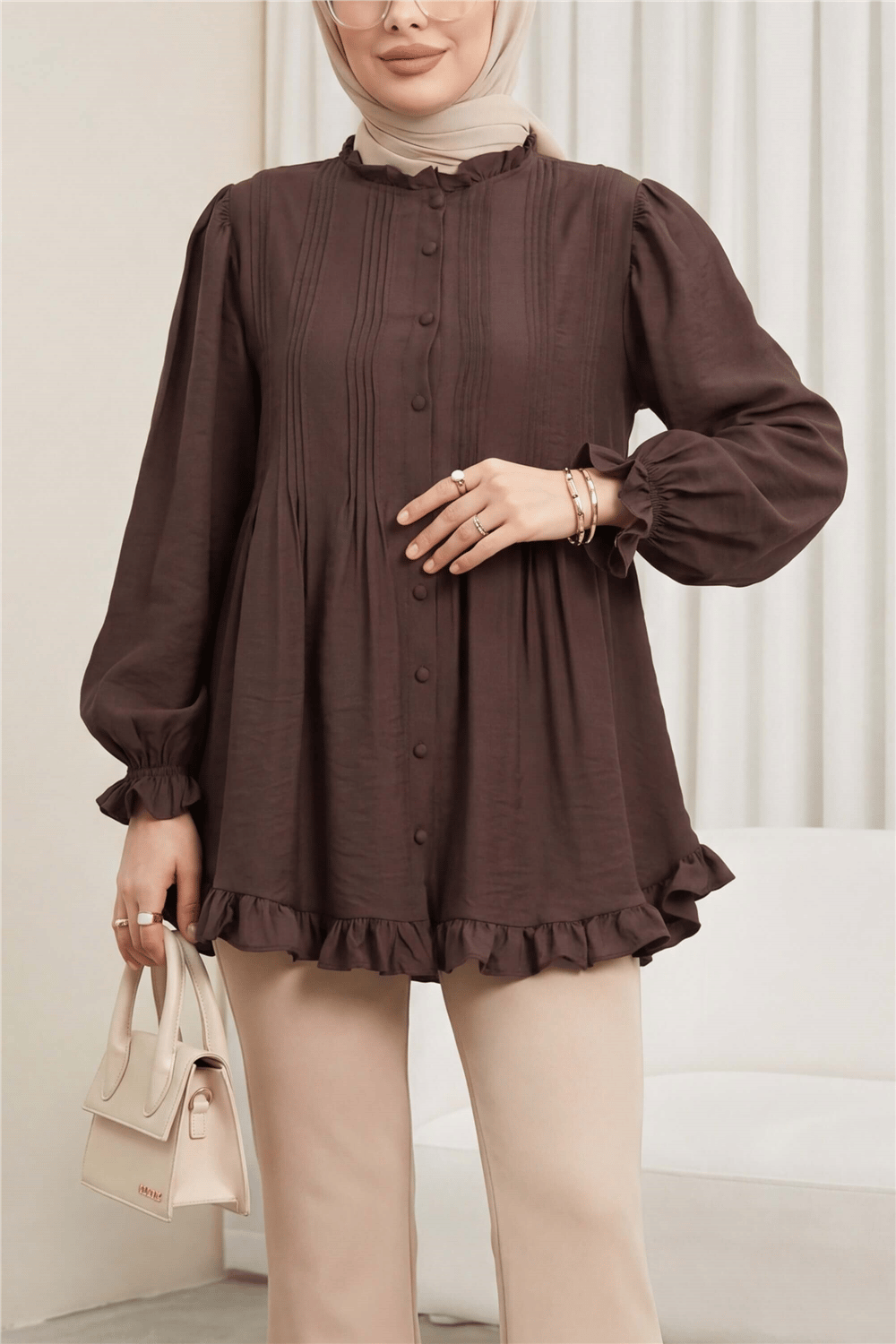 Kolu Lastikli Fırfır Detaylı Beli Bağcıklı Nervürlü Cupra Tunik -Koyu Kahverengi-Tunik-307-0109-R54
