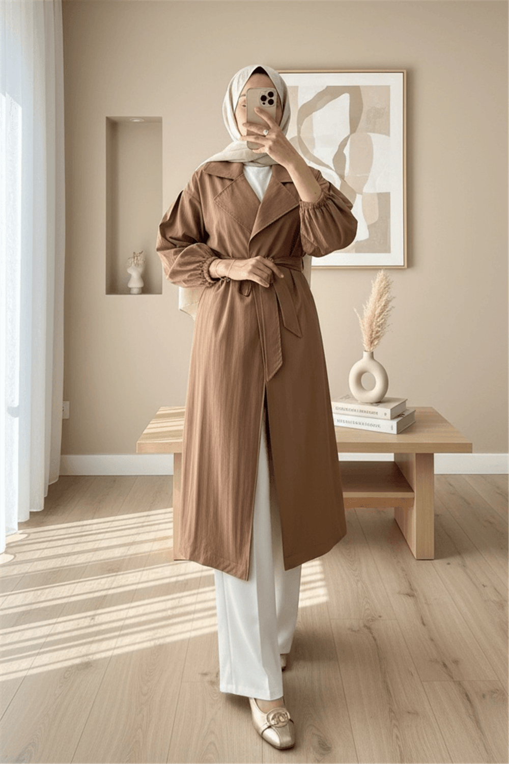 معطف واق من المطر مبطن بحزام وأكمام مطاطية - أسمر ضارب للصفرة-Trençkot-246-7407-R12