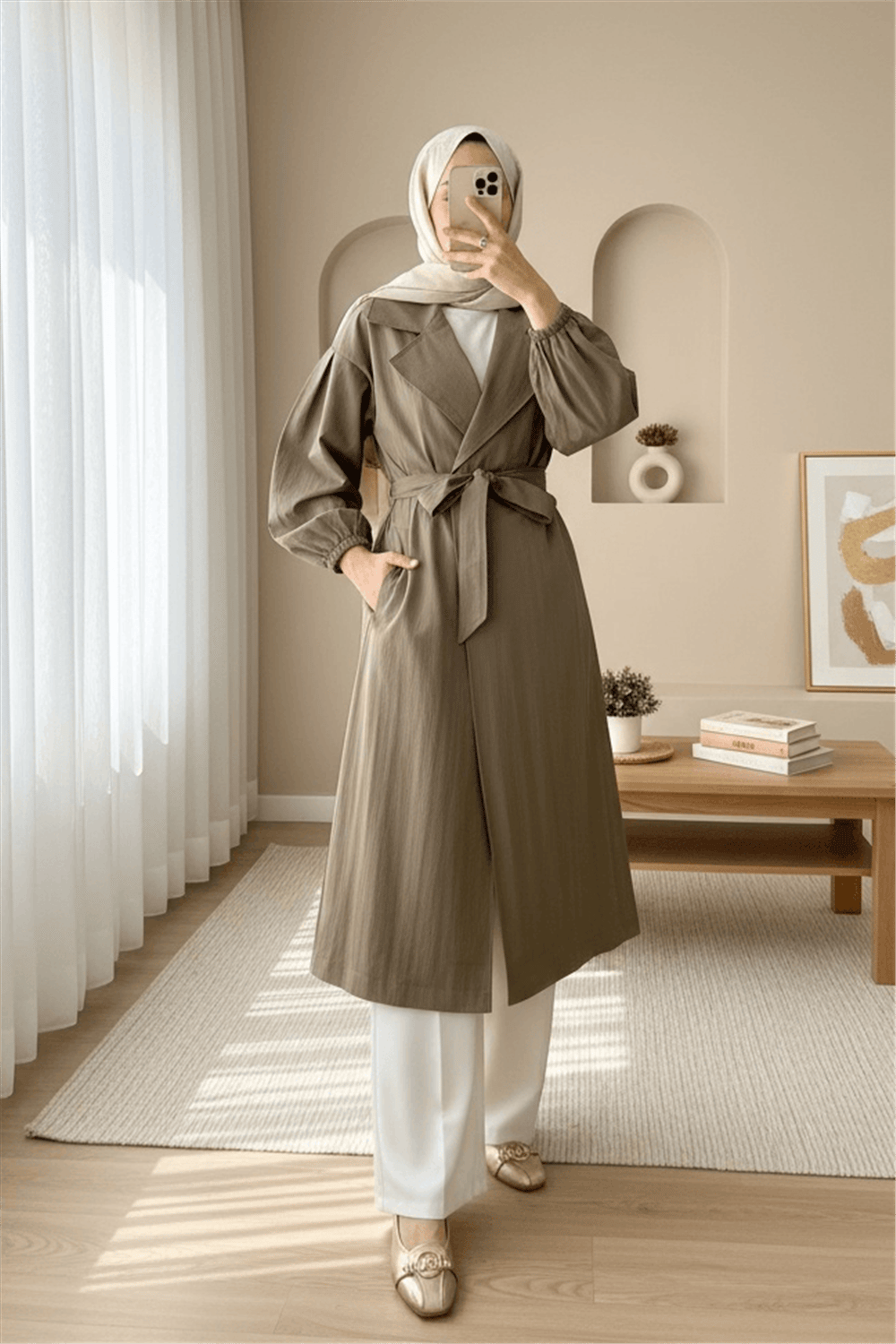 Kolu Lastikli Kemerli Astarlı Trençkot -Haki-Trençkot-246-7407-R05