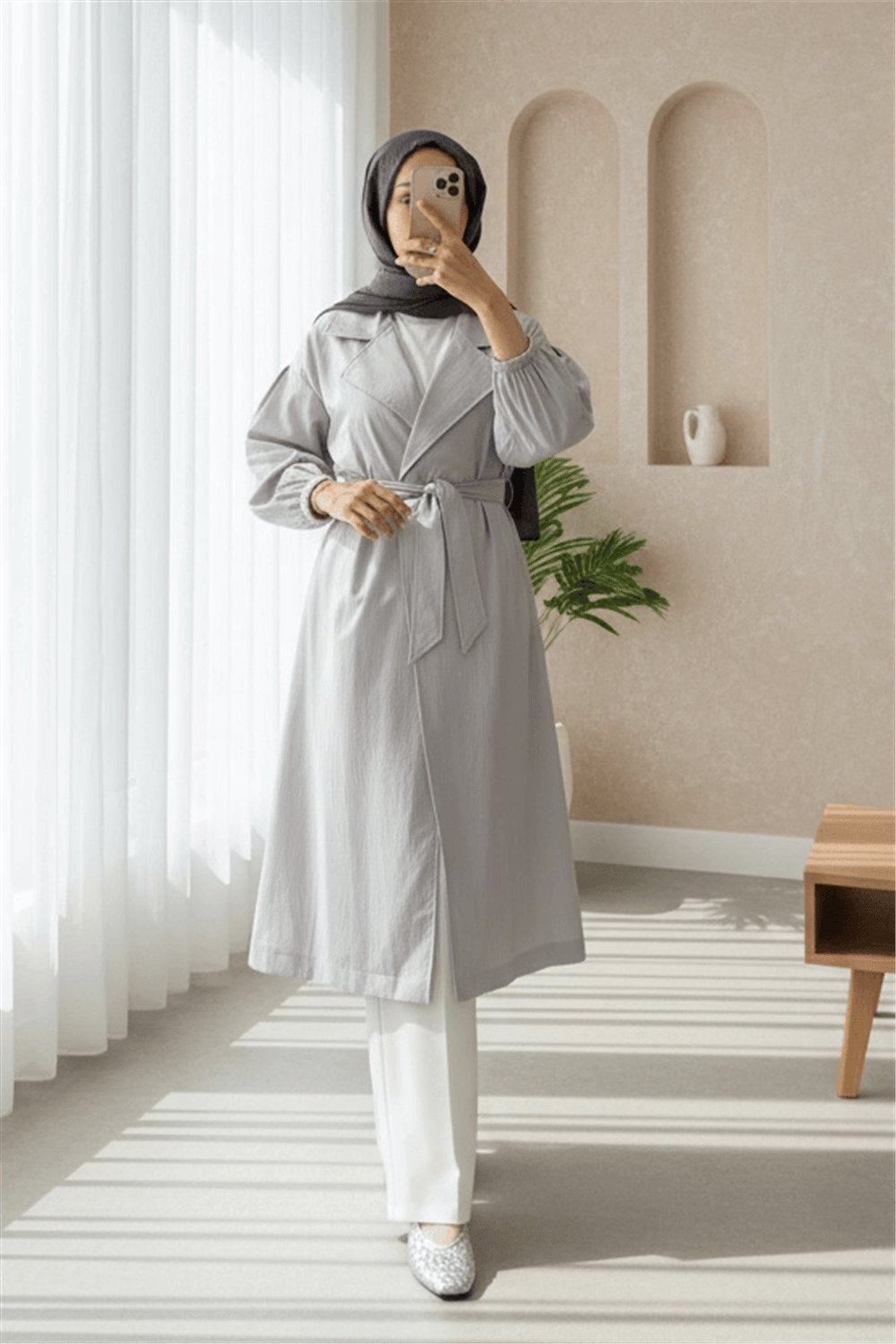 Kolu Lastikli Kemerli Astarlı Trençkot -Gri-Trençkot-246-7407-R11