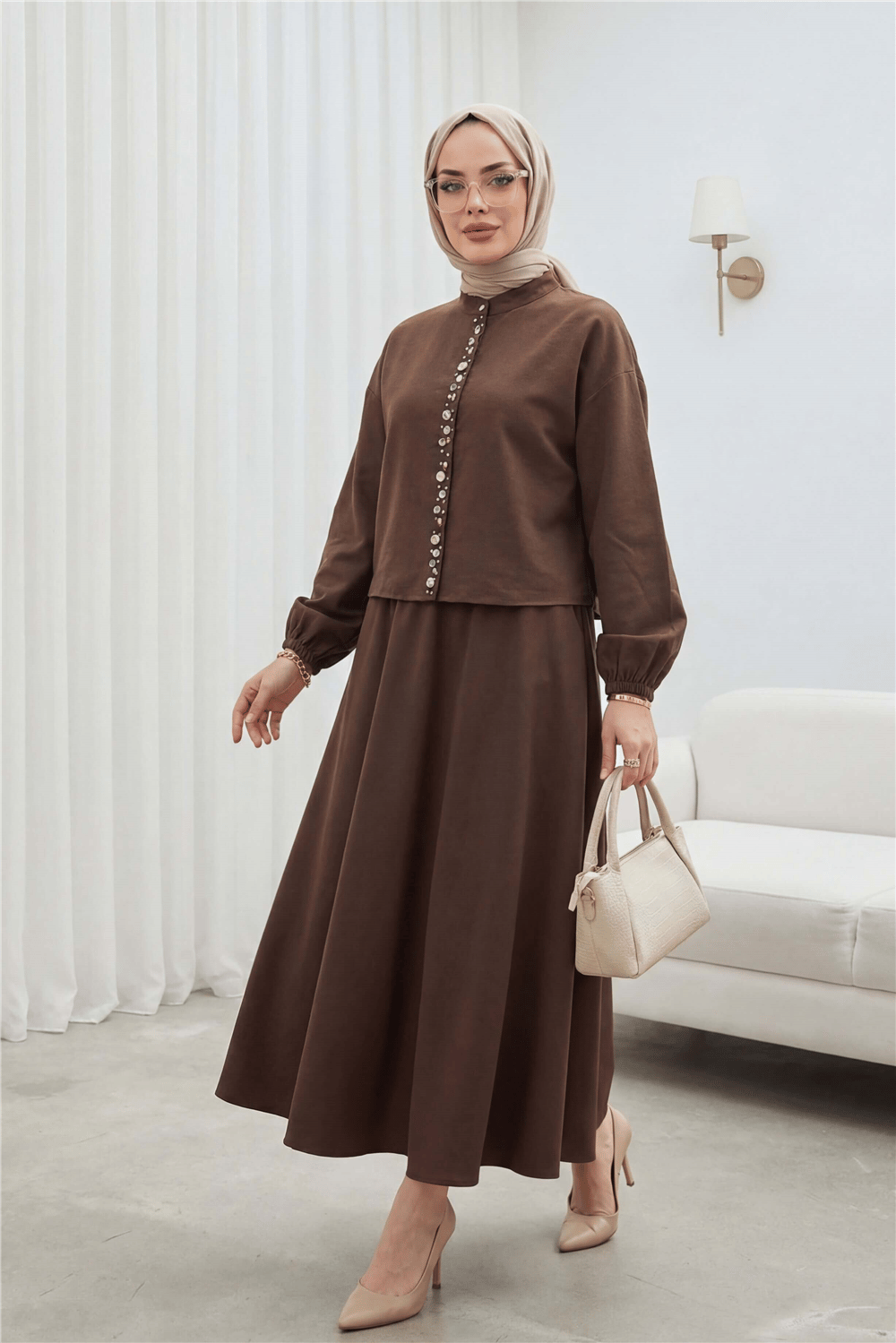 Kolu Lastikli Önü İncili Düğmeli Etekli Modal Takım -Kahve-Takım-338-14434-R15