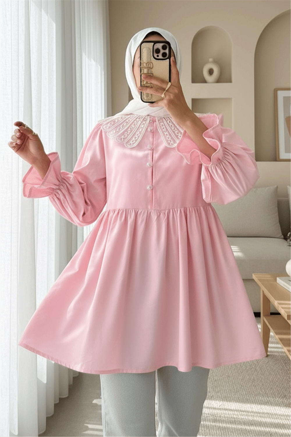 Kolu Lastikli Organze Bebe Yaka Yarım Düğmeli Tunik -Pembe-Tunik-307-2345-R20