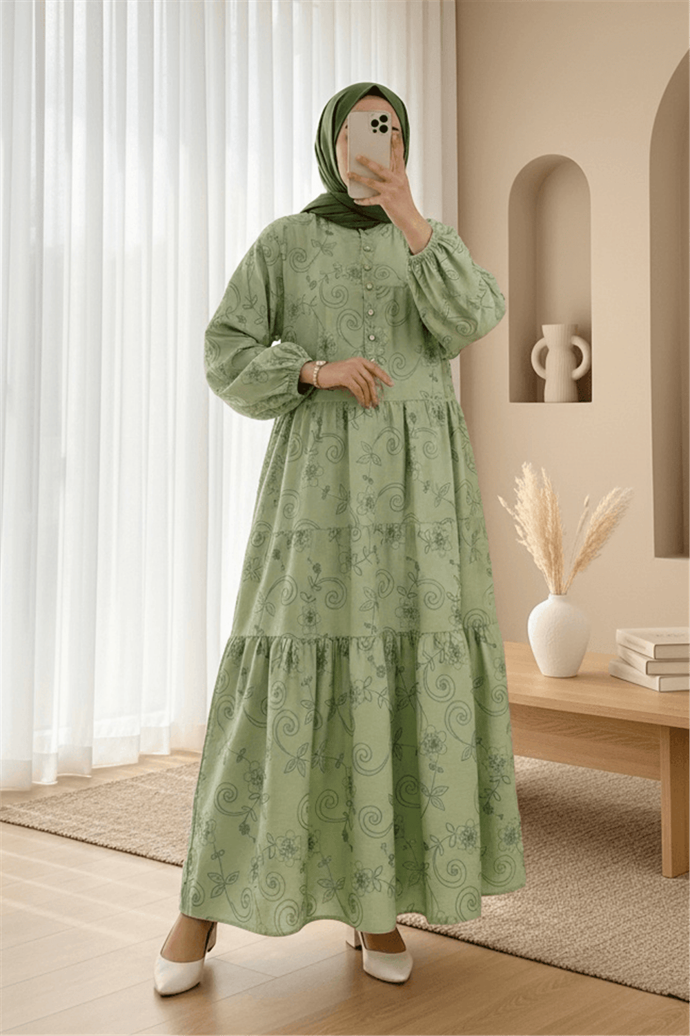 Kolu Lastikli Yarım Düğmeli Jakar Baskılı Parçalı Elbise  -Haki-Elbise-398-3016-R05