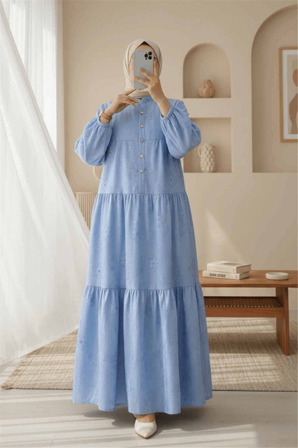 Kolu Lastikli Yarım Düğmeli Jakar Baskılı Parçalı Elbise -Açık Mavi-Elbise-398-3016-R25